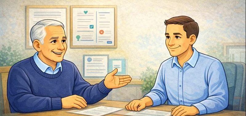 Uncle Moe talking with a participant across a desk
