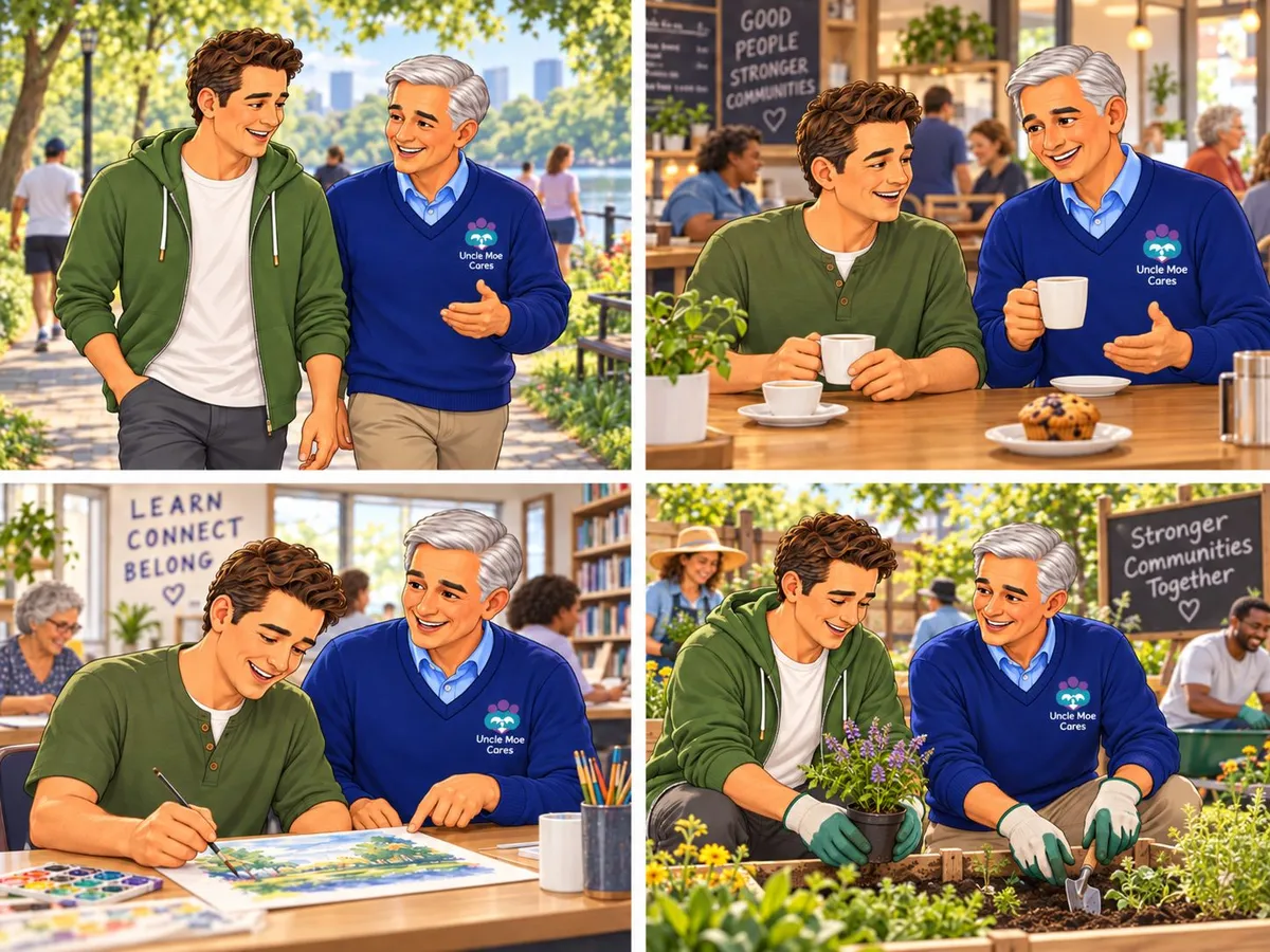 Uncle Moe with a participant out in the community: walking in the park, at a café, at an art class and gardening