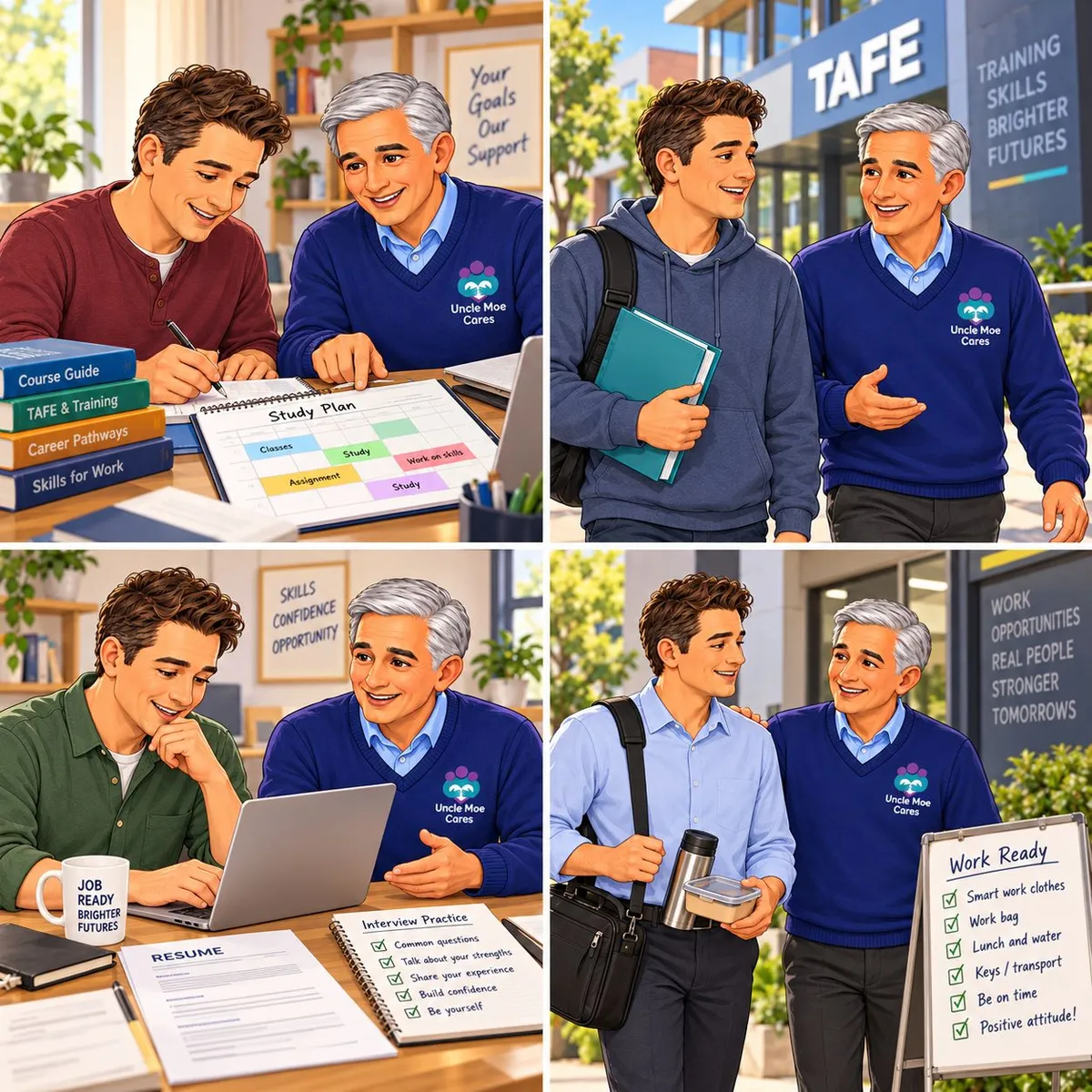 Uncle Moe supporting a participant with a study plan, TAFE, job applications and getting work ready