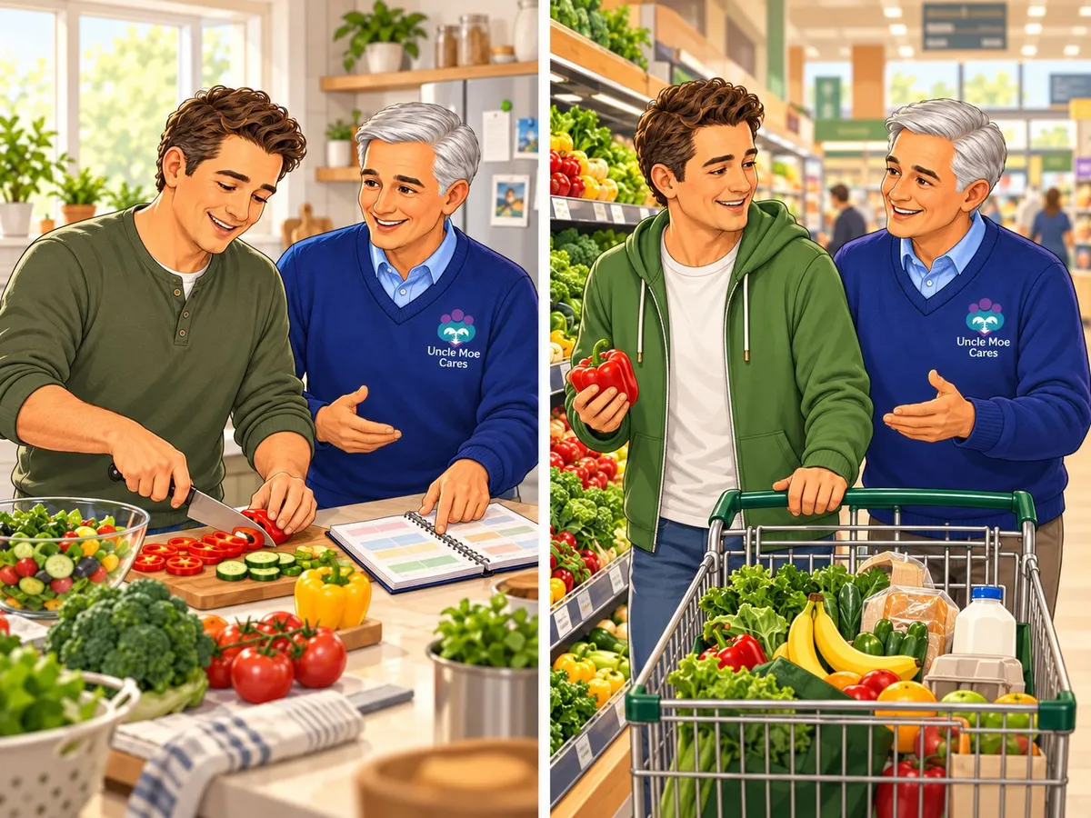 Uncle Moe supporting a participant to prepare a healthy meal and shop for fresh food