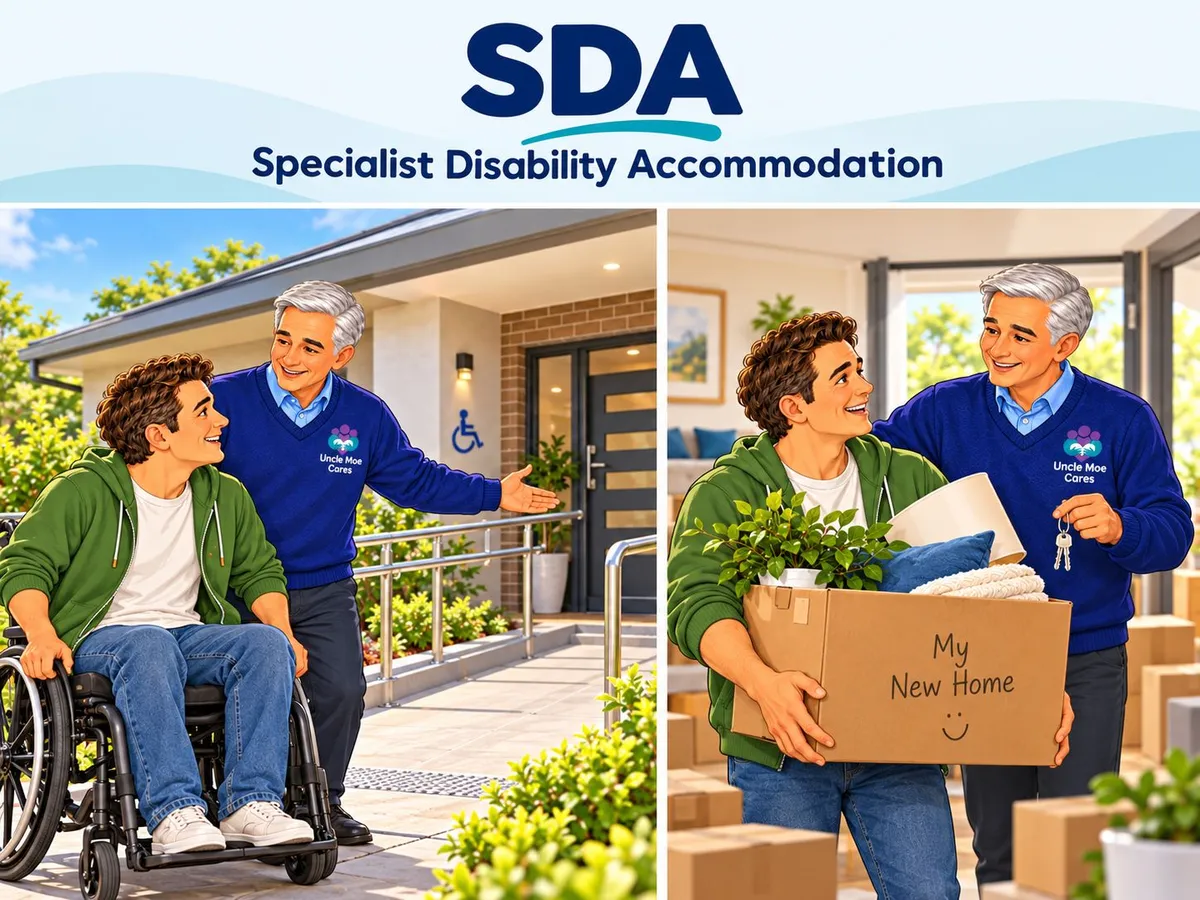 Specialist Disability Accommodation: Uncle Moe welcoming a participant who uses a wheelchair to an accessible home, and helping another move into their new home