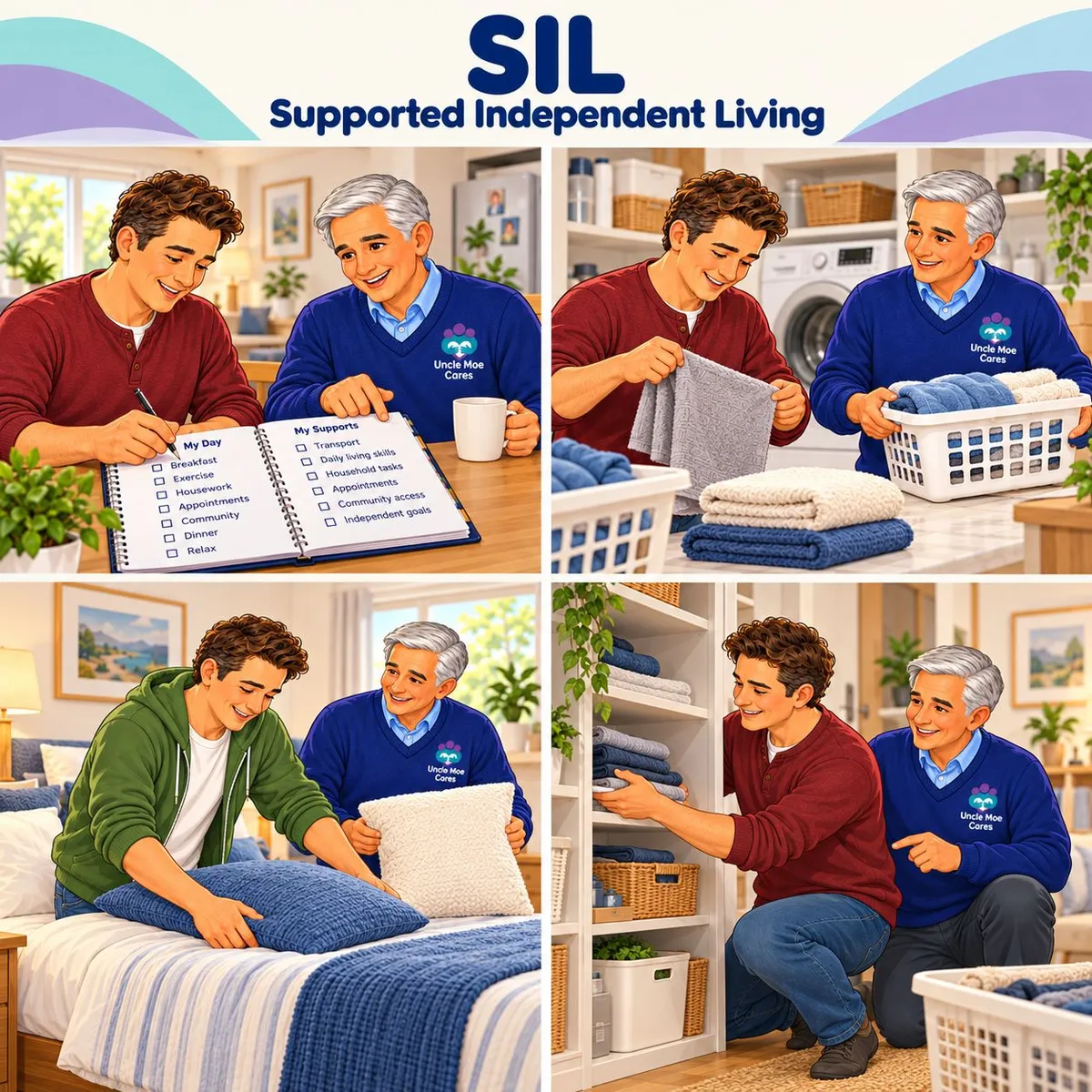 Supported Independent Living: Uncle Moe helping a participant plan their day, do the laundry, make the bed and organise their room