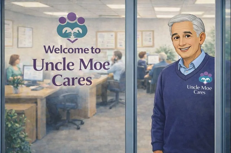 Uncle Moe at the door of the Uncle Moe Cares office