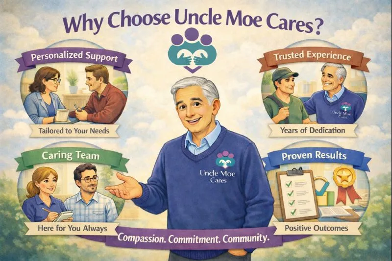 Why choose Uncle Moe Cares? Uncle Moe surrounded by four themes: Personalised Support, tailored to your needs. Trusted Experience, years of dedication. Caring Team, here for you always. Proven Results, positive outcomes. Compassion. Commitment. Community.